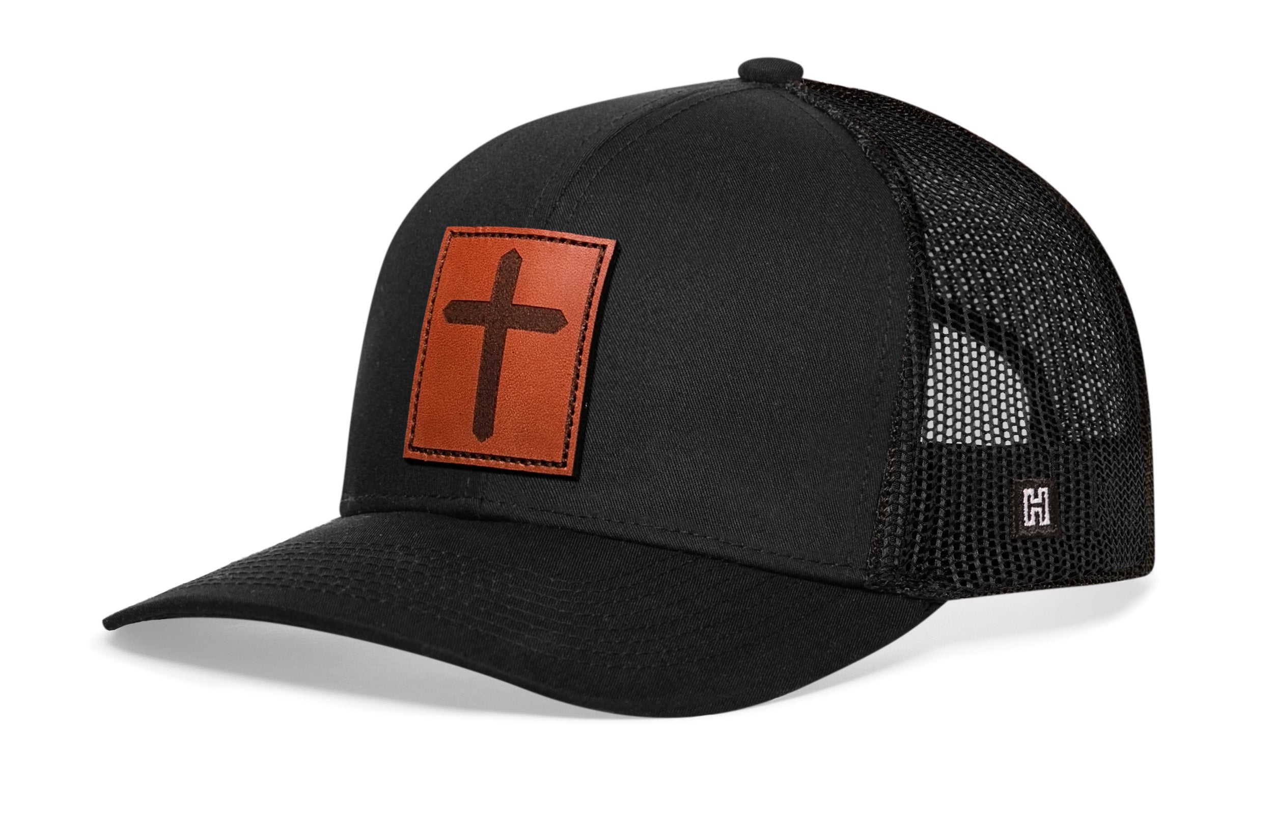 Cross Trucker Hat Rectangle Leather  |  Black cross Snapback